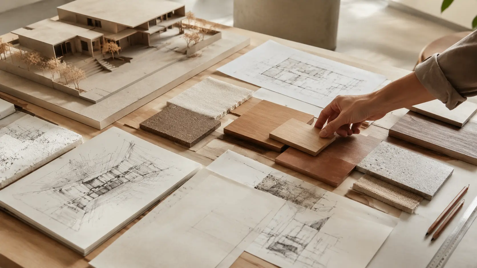 Conceito — mão organiza amostras de materiais junto a croquis e maquete arquitetônica