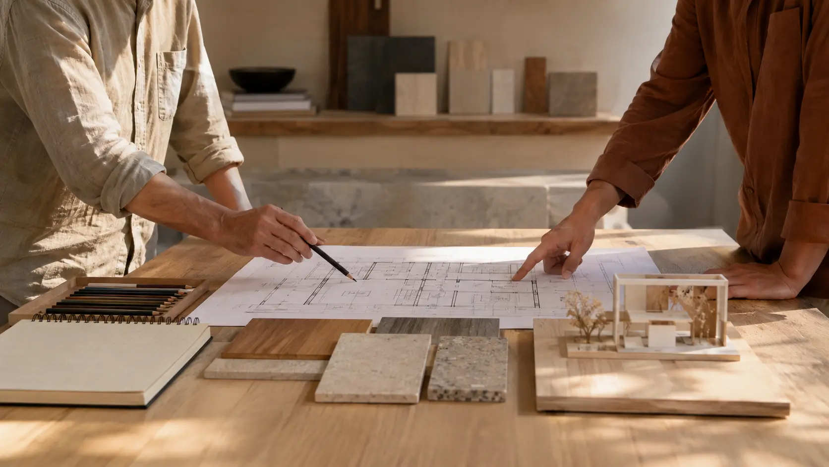 Escuta — mãos de arquiteto e cliente analisam plantas, materiais e maquete sem rostos visíveis