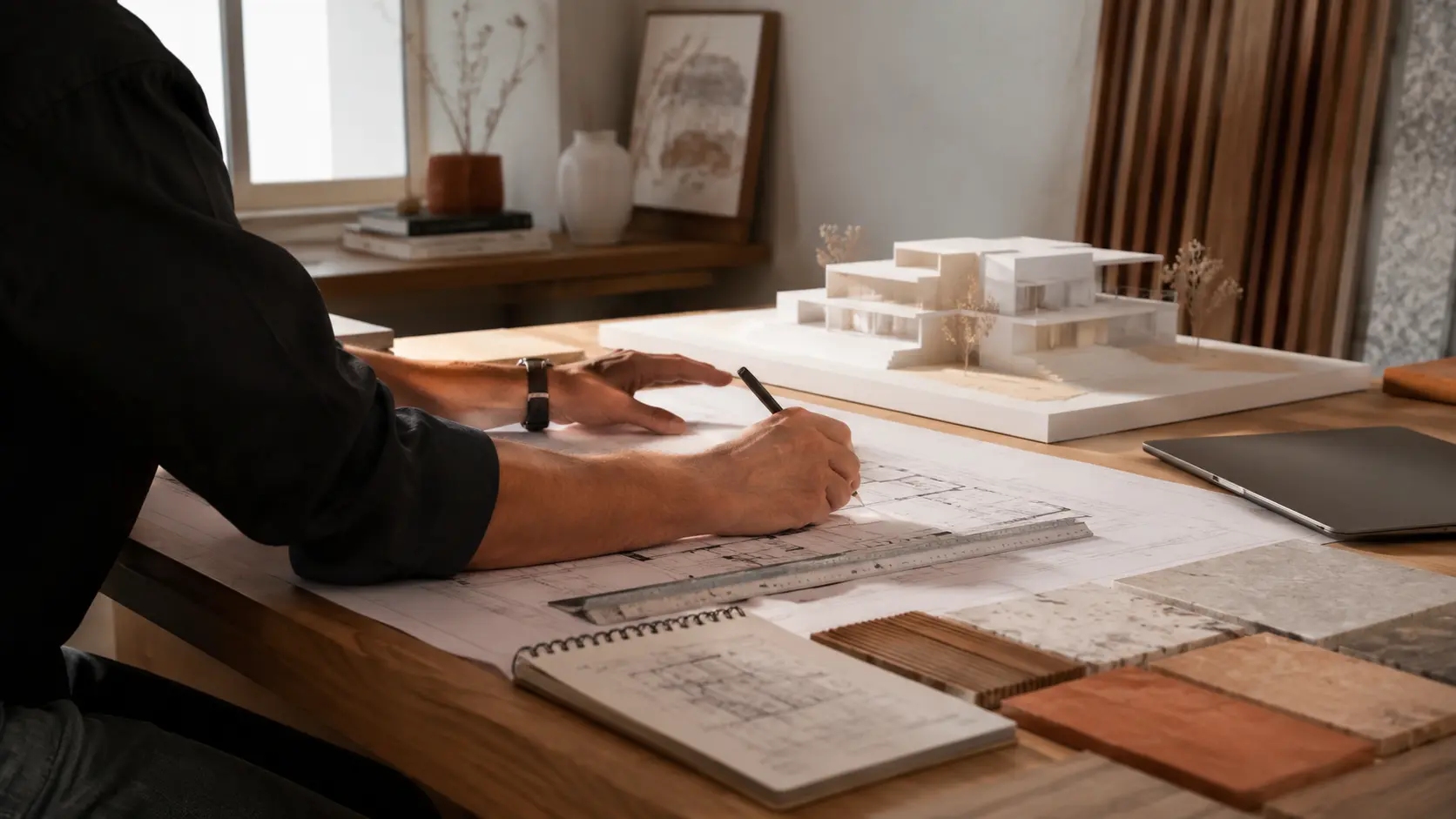 Projeto — profissional visto abaixo dos ombros desenvolve plantas ao lado de maquete e materiais