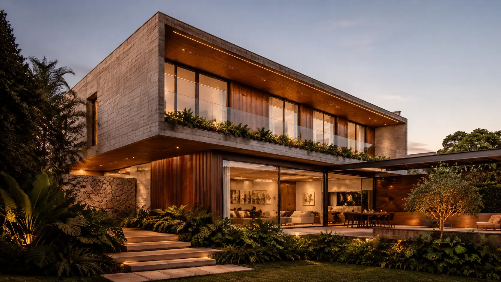 Realização — residência contemporânea concluída ao entardecer
